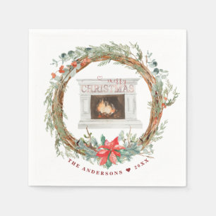 Winter Wreath Cozy Fireplace Merry Christmas Napkins