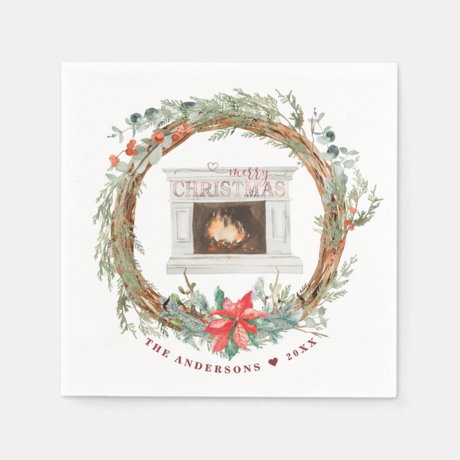 Winter Wreath Cozy Fireplace Merry Christmas Napkins (Front)