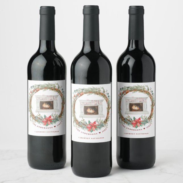 Winter Wreath Cozy Fireplace Merry Christmas Wine Label (Bottles)