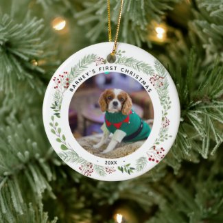 Winter Wreath Dog's Photo Christmas Ceramic Ornament