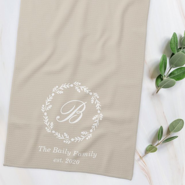 Winter Wreath Family Name Monogram Beige Kitchen Towel (Creator Uploaded)
