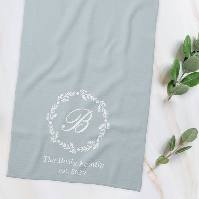 Winter Wreath Family Name Monogram Monogram Blue Kitchen Towel (Creator Uploaded)