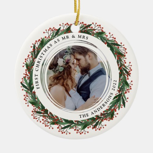 Winter Wreath First Christmas as Mr  Mrs Photo Ceramic Ornament