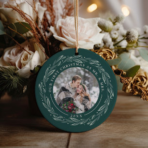 Winter Wreath First Married Christmas Photo Ceramic Ornament