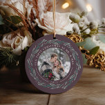 Winter Wreath | First Married Christmas Photo Ceramic Ornament<br><div class="desc">A perfect gift for newlyweds, this elegant Christmas ornament features front and back photos encircled by a wreath of dark green leaves and white berries. "Our first Christmas as Mr. & Mrs." curves over the top of each photo, with the year beneath. Customize with a wedding photo on each side...</div>