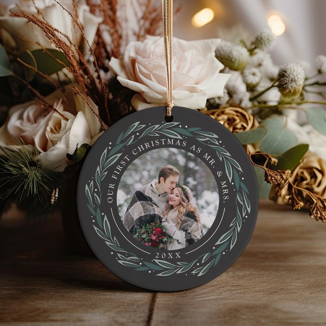 Winter Wreath | First Married Christmas Photo Ceramic Ornament (Creator Uploaded)