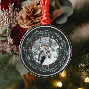 Winter Wreath First Married Christmas Photo Metal Ornament