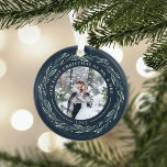 Winter Wreath | First Married Christmas Photo Ornament<br><div class="desc">A perfect gift for newlyweds, this elegant acrylic Christmas ornament features front and back photos encircled by a wreath of dark green leaves and white berries on a navy blue background. "Our first Christmas as Mr. & Mrs." curves over the top of each photo, with the year beneath. Customize this...</div>