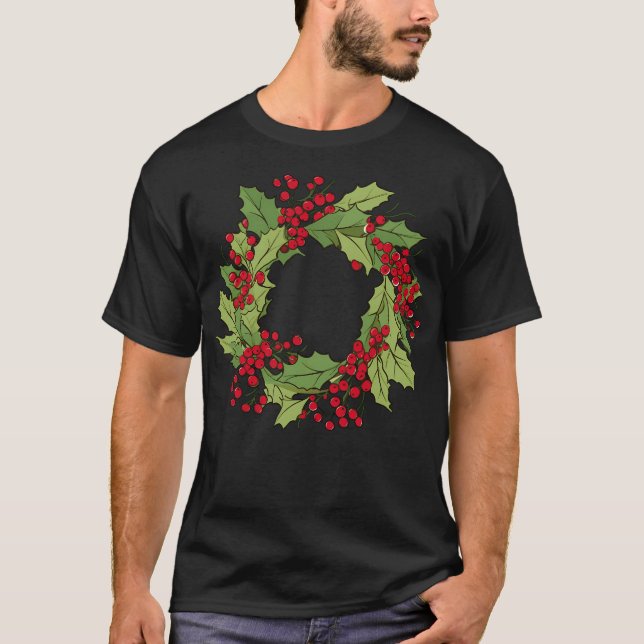 Winter Wreath. Holiday A Wreath Of Holly Berries.  T-Shirt (Front)