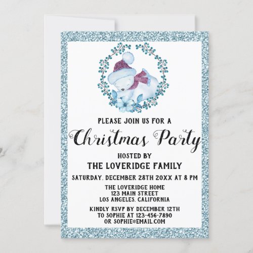 Winter Wreath Holiday Christmas Party Blue Glitter Invitation