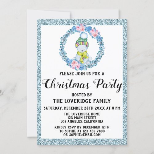 Winter Wreath Holiday Christmas Party Blue Glitter Invitation