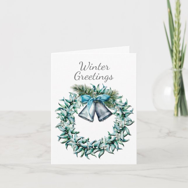 Winter Wreath in Silver, Blue and Green Holiday Card (Front)