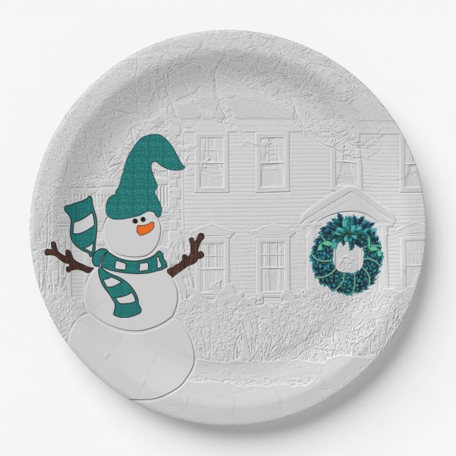 Winter Wreath in Teal with Snowman Holiday House Paper Plates (Front)