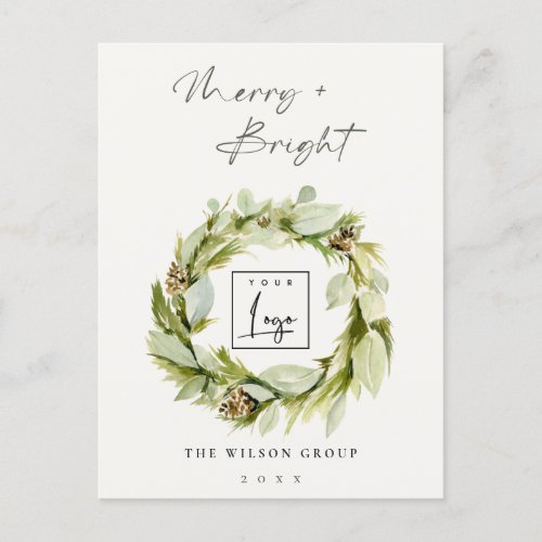 Winter Wreath Merry  Bright Christmas Logo Holiday Postcard