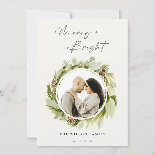 Winter Wreath Merry & Bright Christmas Photo Holiday Card (Front)