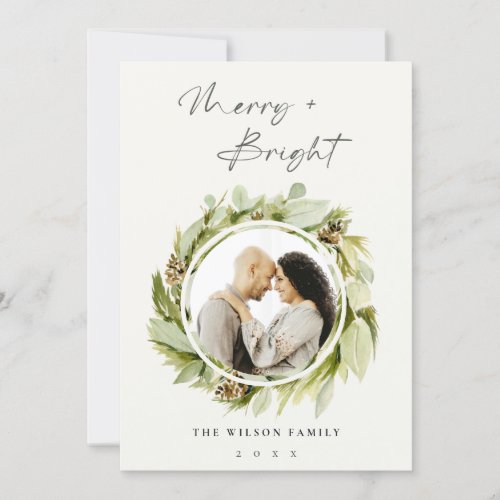 Winter Wreath Merry  Bright Christmas Photo Holiday Card
