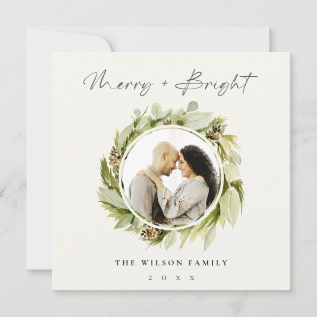 Winter Wreath Merry & Bright Christmas Photo Holiday Card (Front)
