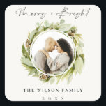 Winter Wreath Merry & Bright Christmas Photo Square Sticker<br><div class="desc">If you need any further customisation please feel free to message me on yellowfebstudio@gmail.com.</div>
