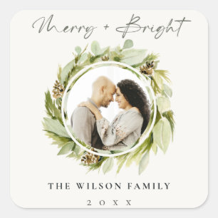 Winter Wreath Merry & Bright Christmas Photo Square Sticker