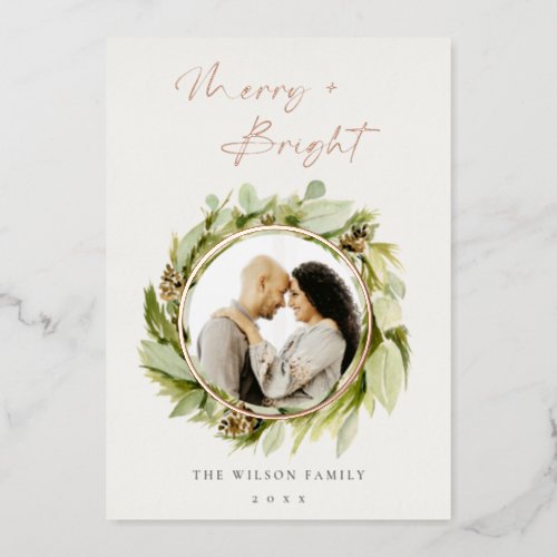 Winter Wreath Merry  Bright Photo Christmas Foil Holiday Card