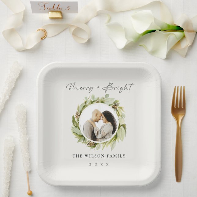 Winter Wreath Merry & Bright Photo Christmas Paper Plates (Wedding)