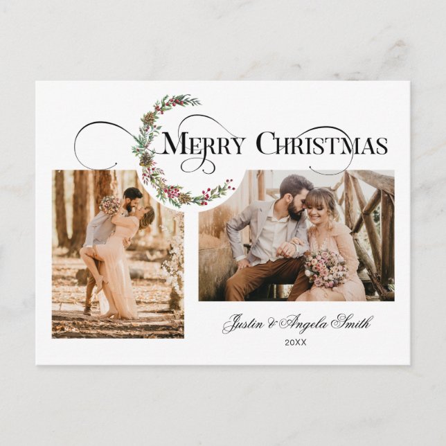 Winter Wreath & Merry Christmas Typography 2-Photo Holiday Postcard (Front)