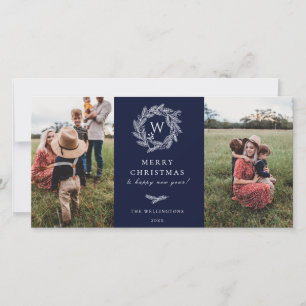Winter Wreath Monogram Holiday 2 Photo Card Blue