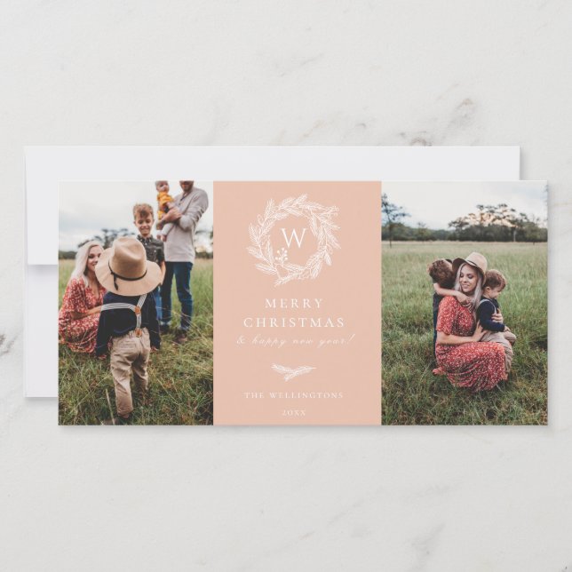 Winter Wreath Monogram Holiday 2 Photo Card Pink (Front)