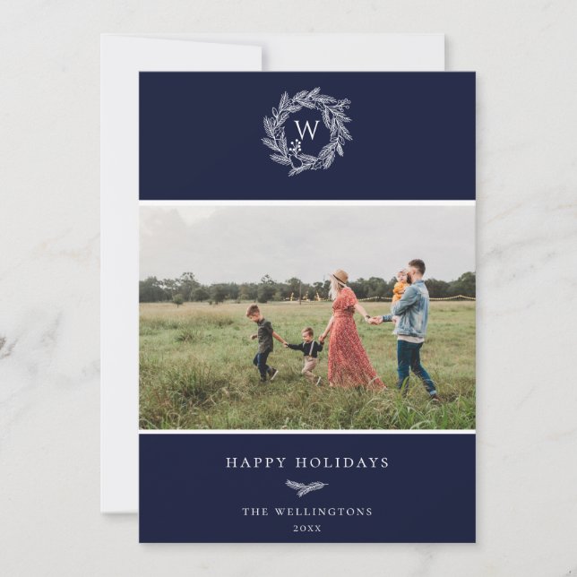 Winter Wreath Monogram Holiday Photo Card Blue (Front)