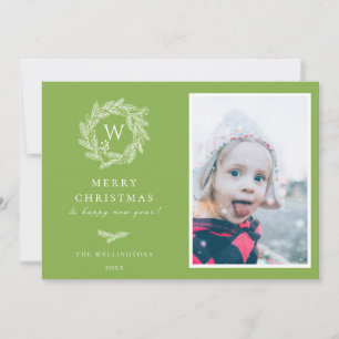 Winter Wreath Monogram Holiday Photo Card Green