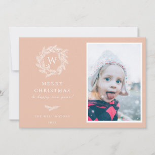 Winter Wreath Monogram Holiday Photo Card Pink