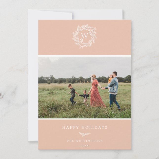 Winter Wreath Monogram Holiday Photo Card Pink (Front)