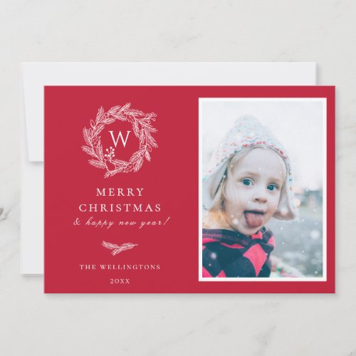 Winter Wreath Monogram Holiday Photo Card  Red