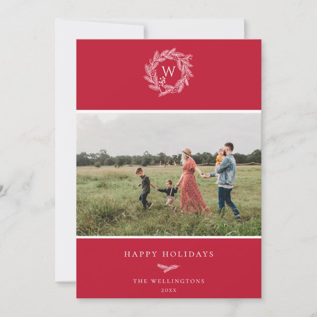 Winter Wreath Monogram Holiday Photo Card Red (Front)