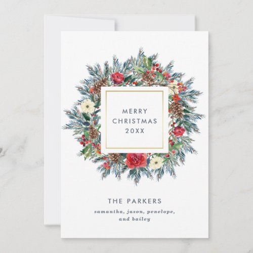 Winter Wreath on White  Merry Christmas Holiday Card