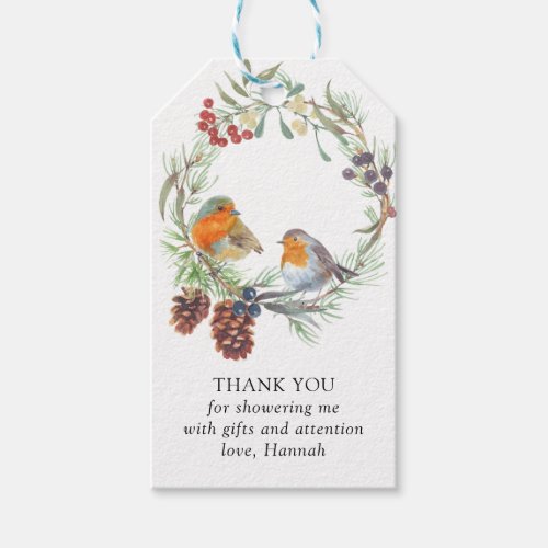Winter Wreath Robin Mistletoe and Pine Thank You Gift Tags