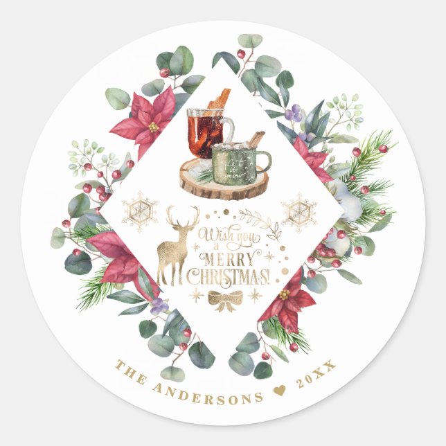 Winter Wreath Script Wish You A Merry Christmas Classic Round Sticker (Front)