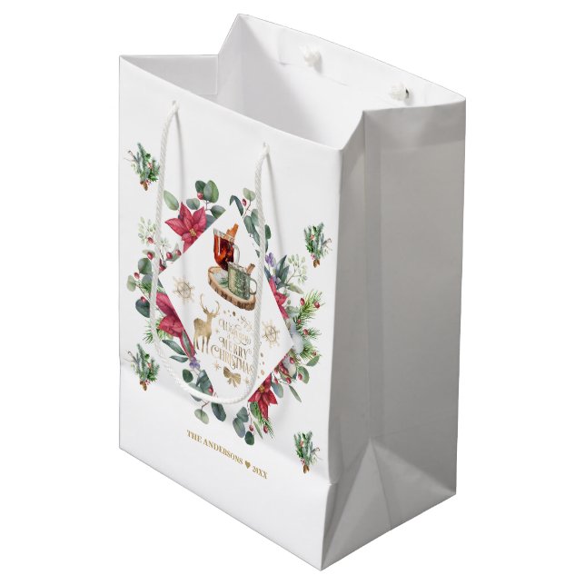 Winter Wreath Script Wish You A Merry Christmas Medium Gift Bag (Front Angled)