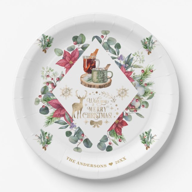 Winter Wreath Script Wish You A Merry Christmas Paper Plates (Front)