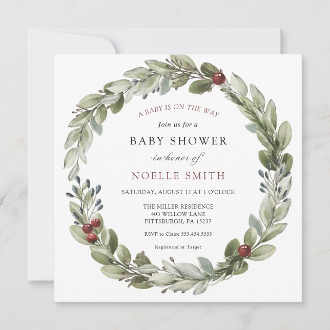 Winter Wreath with Holly Berries Baby Shower Invitation (Front)