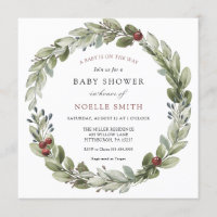 Winter Wreath with Holly Berries Baby Shower Invitation