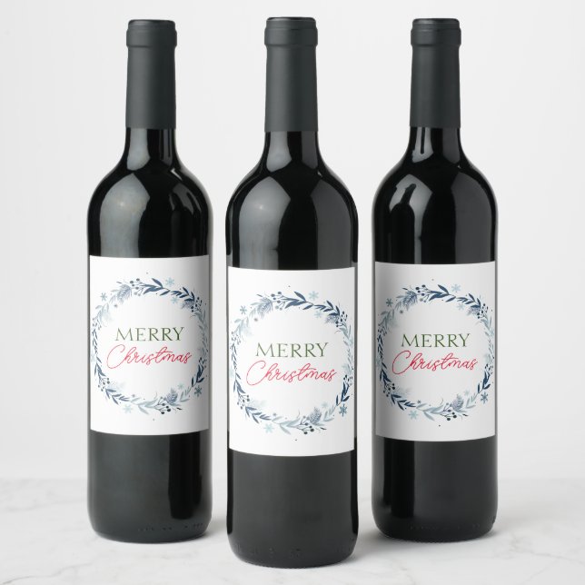 Winter wreath with Merry Christmas Wine Label (Bottles)