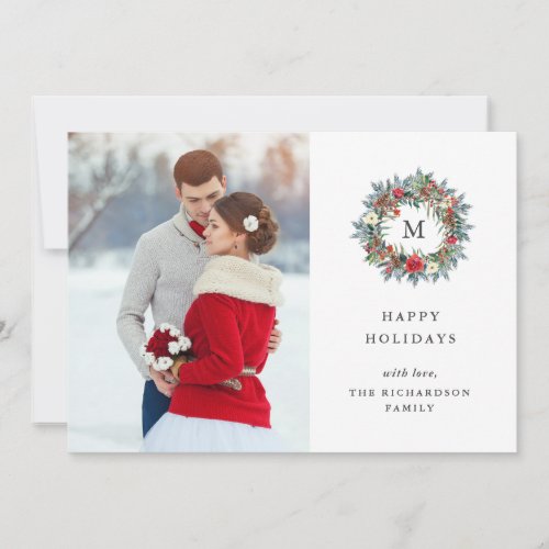 Winter Wreath with Photo and Monogram  Christmas Holiday Card