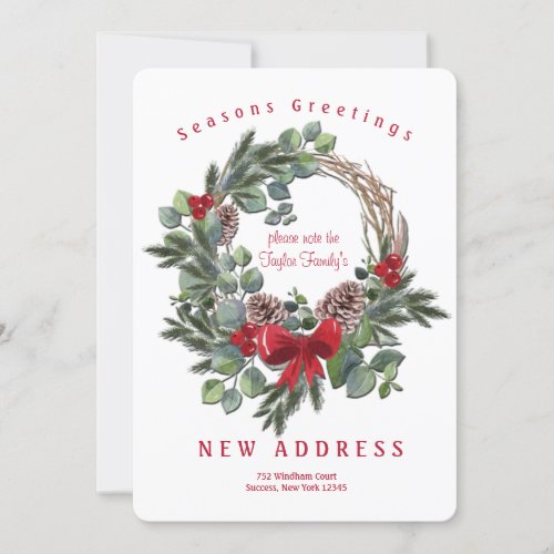 Winter Wreath With Red Bow Change of Address Card