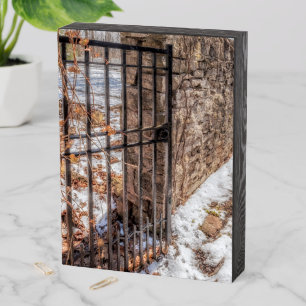 Winter Wrought Iron Garden Gate Scene Wooden Box Sign