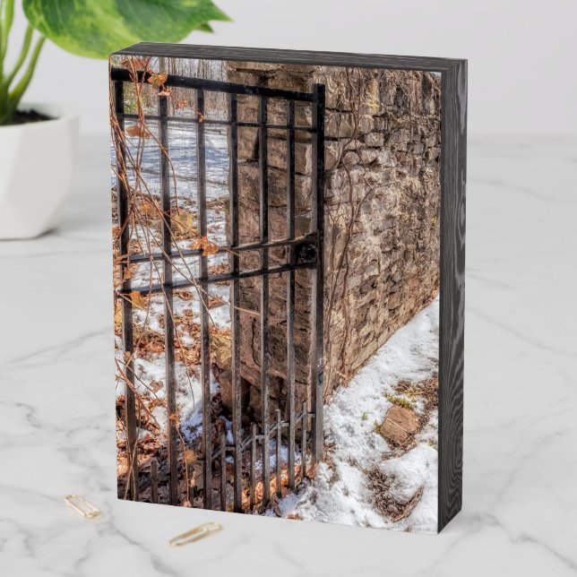 Winter Wrought Iron Garden Gate Scene Wooden Box Sign (In Situ Vertical)
