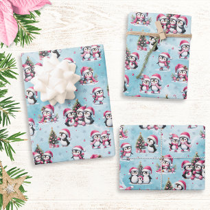 Winter Xmas Blue and Pink Cute Penguin Christmas Wrapping Paper Sheets