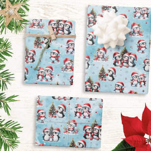 Winter Xmas Blue and Red Cute Penguins Christmas Wrapping Paper Sheets