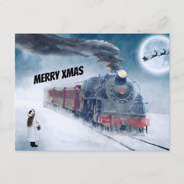 Winter Xmas Train with Girl Holiday Postcard (Front)