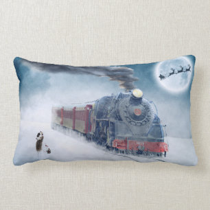 Winter Xmas Train with Girl Lumbar Pillow